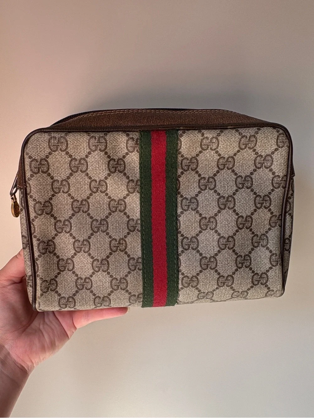 Gucci GG Supreme Toiletry Case w/ Red and Green Web Stripe